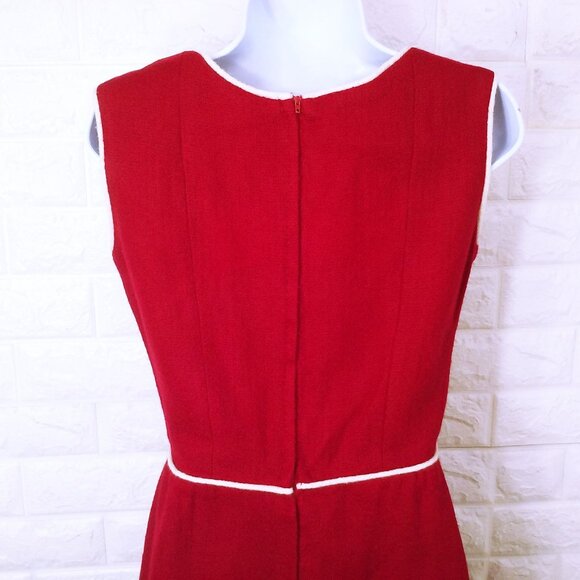 Vintage 60s Handmade Sheath Tank Dress Lady(8) Wool Piping-Trim Bow Zipper Red - Picture 8 of 10